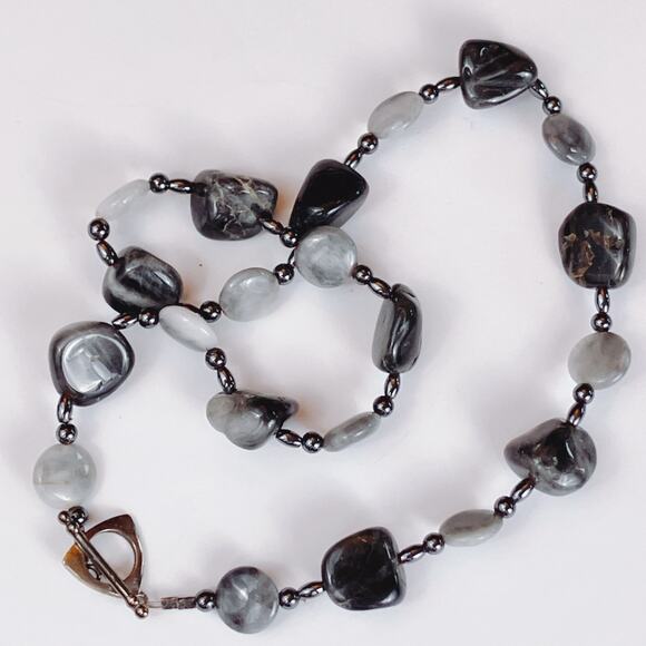 VTG Agate Hematite Necklace Y2K Polished Stone Chunky Beaded Toggle Clasp - Picture 4 of 10